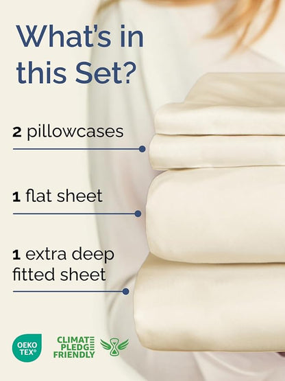 Extra Deep Pocket Cal King Sheets - 4 Piece Breathable & Cooling Bed Sheets - Hotel Luxury Bed Sheet Set - Soft, Wrinkle Free & Comfy - Easily Fits Extra Deep Mattresses - Deep Pocket Off White Sheets