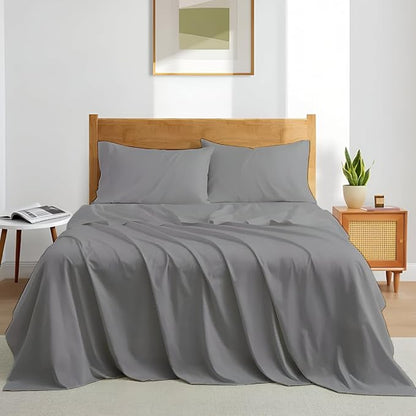 Deep Pocket King Sheets Set - Luxury 338 Thread Count Sateen, 100% Cotton Sheets with All Around Elastic for a, Hotel Quality Bedding Set (Light Grey Solid)