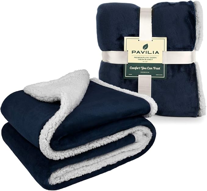 Pavilia Sherpa Fleece Blanket - Queen Size, Navy Blue, Plush Soft Fuzzy, Reversible Winter Blanket for Women & Men, 90x90 Inches
