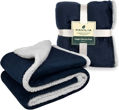 Pavilia Sherpa Fleece Blanket - Queen Size, Navy Blue, Plush Soft Fuzzy, Reversible Winter Blanket for Women & Men, 90x90 Inches