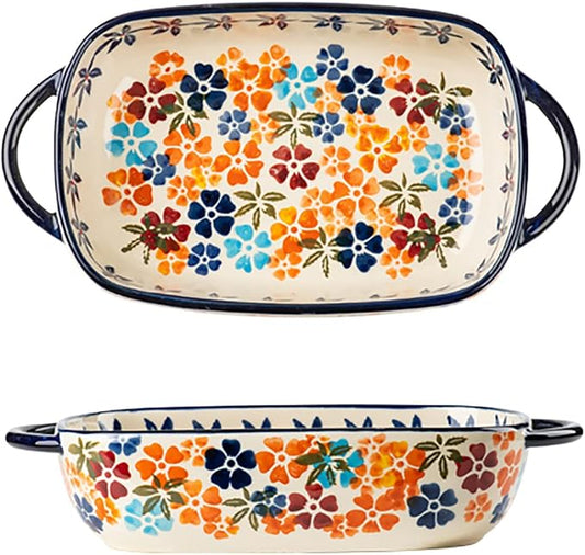 Colorful Cherry Blossom Flowers Vintage Style Ceramic Bakeware Dish Casserole by Bicuzat