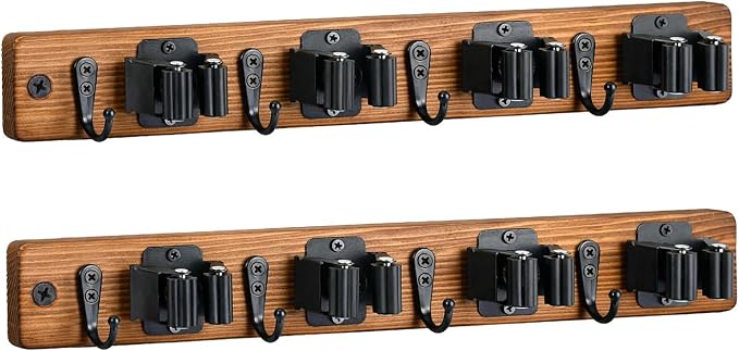 Lorbro 2 Pack Broom Holder Wall Mount, Wooden Broom and Mop Organizer Wall - Image 8