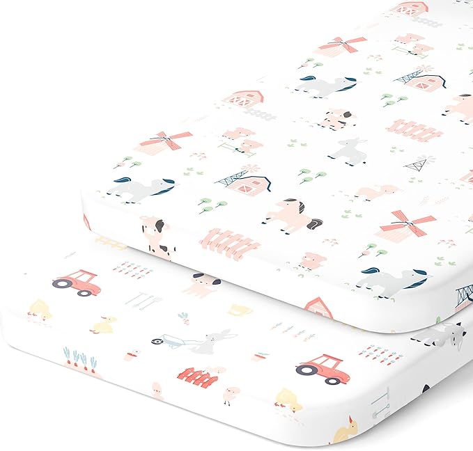 Cradle Sheets Fitted 18 x 36 Inch – Snuggly Soft 100% Jersey Cotton – Farm Animals – 2 Pack