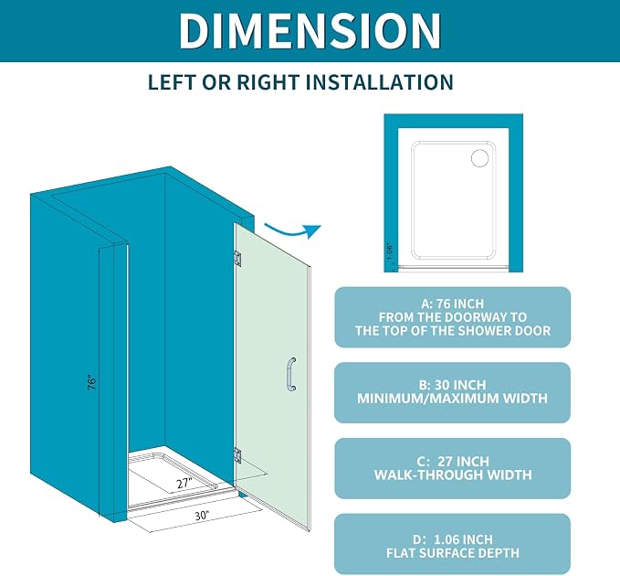 Framelss Hinged Shower Door, 3/8" Tempered Glass - Image 4