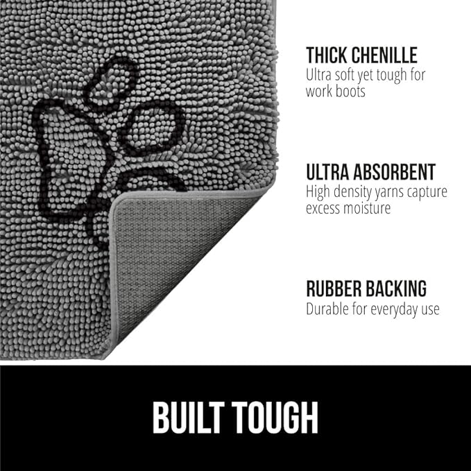 GORILLA GRIP SOAKSTOPPER Dog Door Mat, 30x20 Machine Washable Rug Absorbent Doormat Captures Moisture Mud Dirt, Quick Dry Soft Chenille Entryway Rugs Indoor Entrance Mats for Dog Paws, Paw Gray
