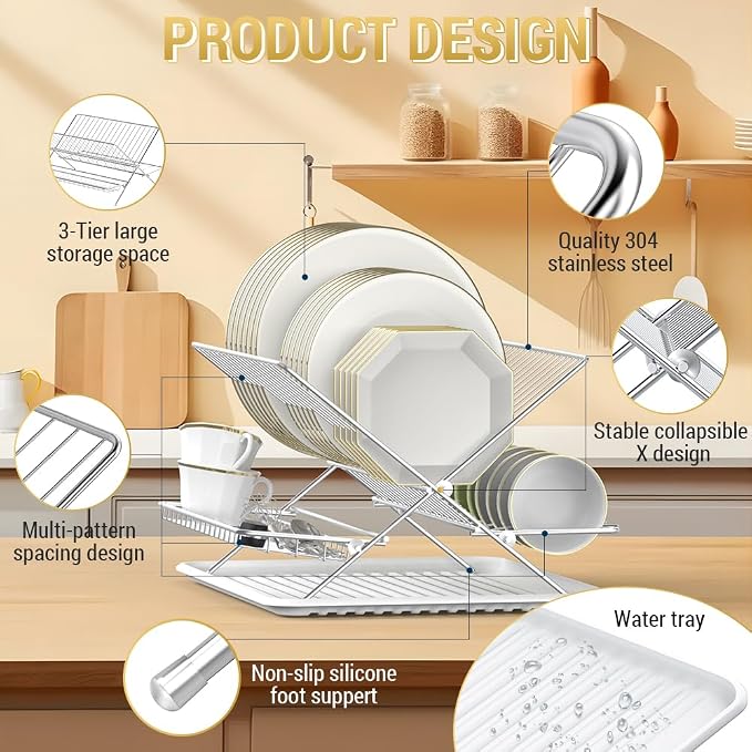 Dish Drying Rack with Drip Tray, 3 Tier Collapsible Stainless Steel Dish Drainer - Image 5