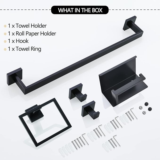 TNOMS Black Towel Bar Set 5-Piece Bathroom Hardware Set Including 23.6 Inch - Image 7