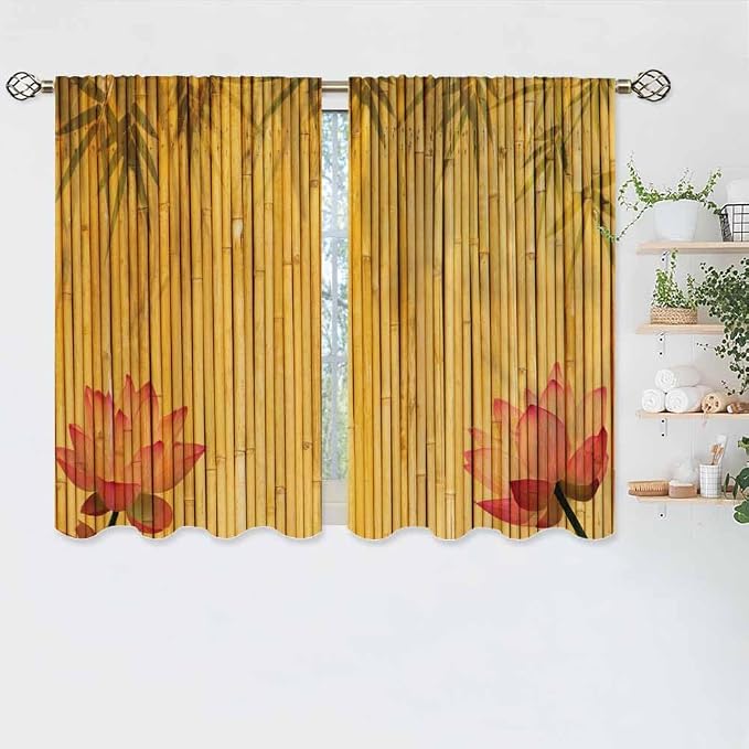Bamboo Kitchen Curtains Pink Lotus Twigs Tree Branch Chinese Leaves Plants - Image 5
