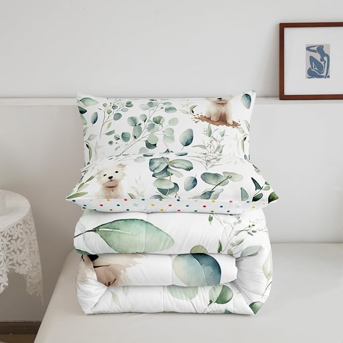 Erosebridal Cute Dog Full Size Comforter Set for Kids Child Green Eucalyptus Bedding Set, Pet Animal Down Comforter Botanical Plant Leaves Bed Set, Cartoon Pug Puppy Quilted Duvet