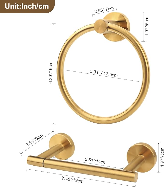 Brushed Gold Toilet Paper Holder Set, Stainless Steel Towel Ring, Double Post - Image 7