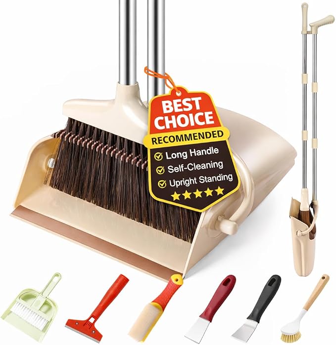 Broom and Dustpan Set with Long Handle and 6 Bonus Cleaning Tools, Upright by Meijubolstrivetomakeyourlifeeasier