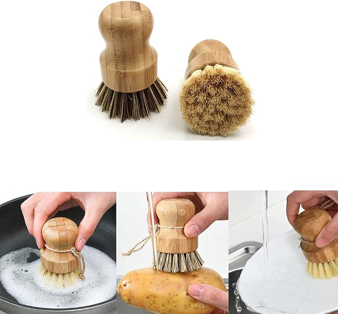 2 Pcs Palm Pot Brush, Bamboo Dish Brush Natural Scrub Brush Coconut Bristles - Image 3