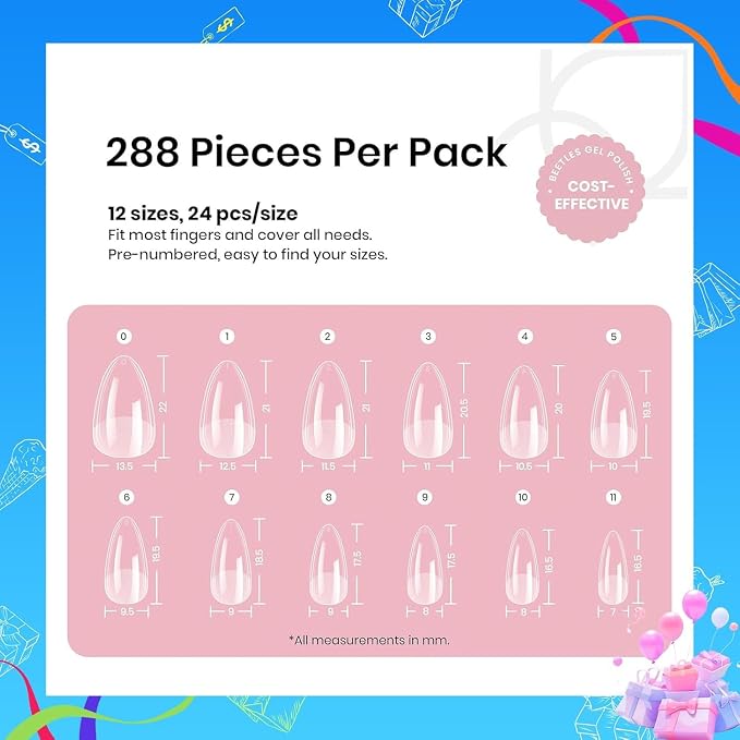 Beetles Soft Gel Nail Tips Short Almond 288pcs in 12 Sizes, Etch-X Pre-Etched - Image 7