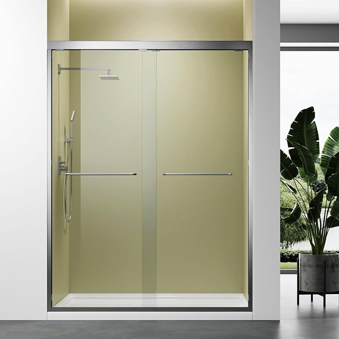 Brushed Nickel Glass Shower Door, Waterproof Design Double Sliding Stainless by Glazenclos