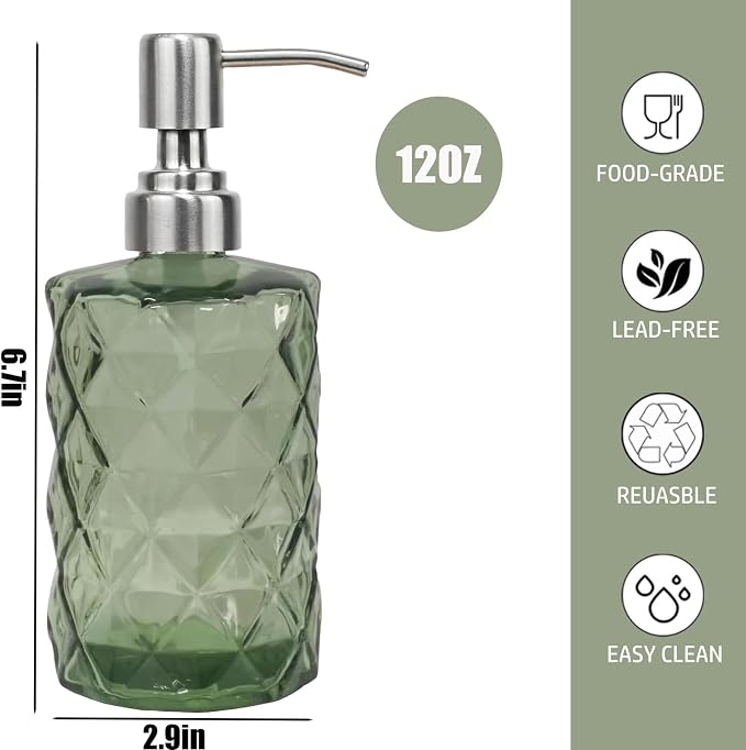 12Oz Green Glass Soap Dispenser - Image 3