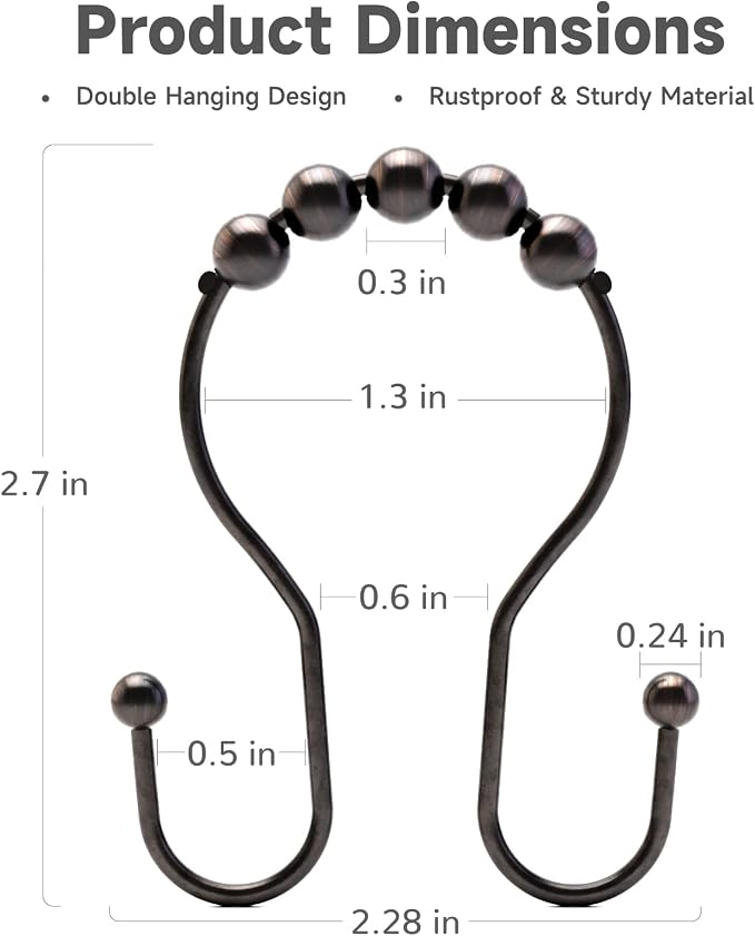 Shower Curtain Hooks Bronze Shower Curtain Rings Rust Proof Double Hook Shower - Image 5