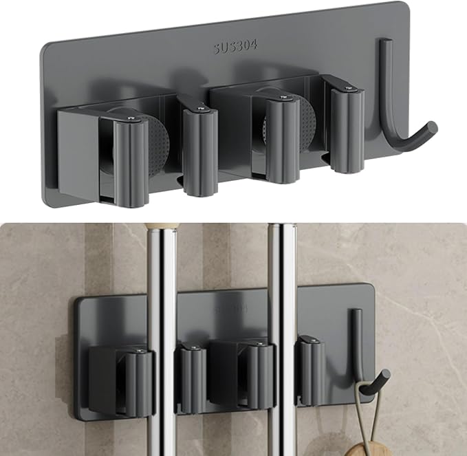 Wall Mounted Mop Holder Stainless Steel Mop and Broom Holder Self Free Brush - Image 5