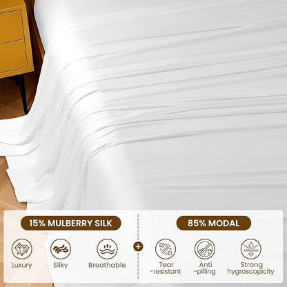 Luxury Mulberry Silk Modal Queen Size Sheet Set 4pc, Ultra Breathable & Cooling Bed Sheets for Hot Sleepers, Hotel Luxury Silky Bedding Sheets, 16" Deep Pocket(Queen,White)