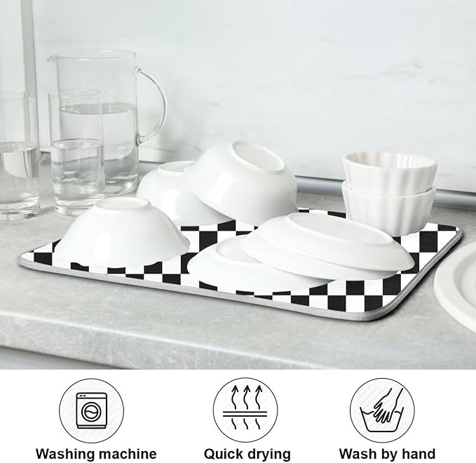 Black White Checkered Pattern Dish Drying Mat - Image 7