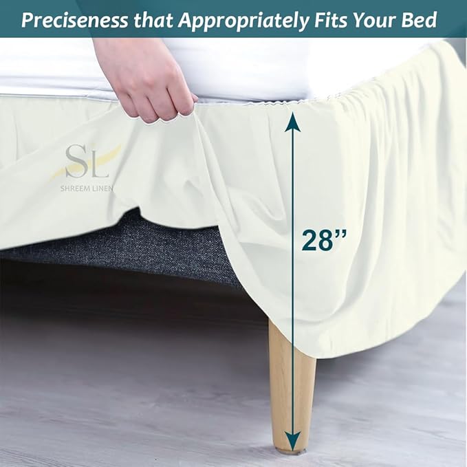 Shreem Linen Ruffled Bed Skirt with Split Corners, Gathered Style, 100% Microfiber, 28-Inch Drop, Dust Ruffle Bedskirt with Platform, Queen, Ivory