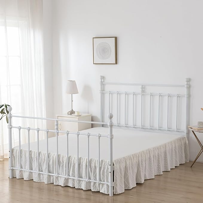 Bed Skirt Queen Size Ruffled Bed Skirt with Split Corners, 14 Inch Drop Dust Ruffle Bed Skirts with Platform, Boho Tufted Shabby Chic Queen Size Bed Skirts, Ivory