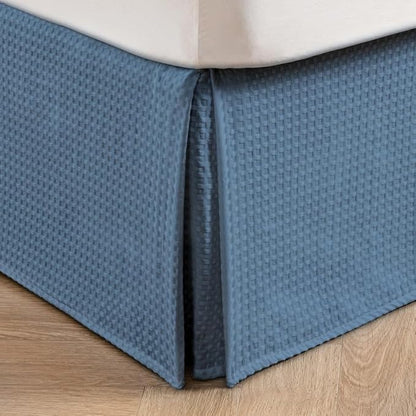 MIYE Pleated Waffle Weave Bed Skirt, Tailored Dust Ruffle 22 Inch Drop Easy Fit, Machine Washable (Blue, Twin - 22" Drop)