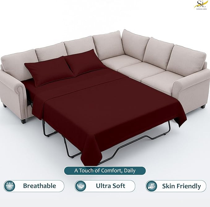 Shreem Linen Luxury Queen Sleeper Sofa Bed Sheet Set,100% Egyptian Cotton, 338 Thread Count, Queen Size (60 x74 +6 Inch Deep Pocket) Soft and Light Weight 4pcs Sofa Set (Burgundy Solid)