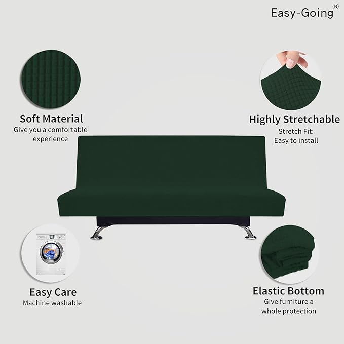 Easy-Going Stretch Futon Slipcover Armless Futon Bed Cover Furniture Protector Without Armrests with Elastic Bottom for Kids, Soft Jacquard Fabric Small Checks (Large, Dark Green)