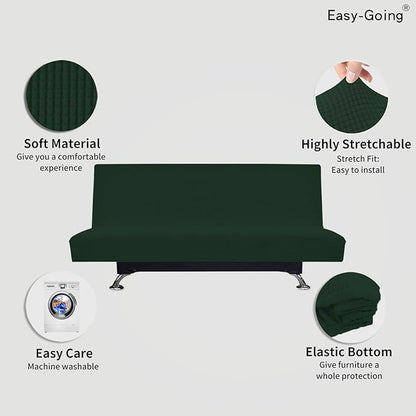 Easy-Going Stretch Futon Slipcover Armless Futon Bed Cover Furniture Protector Without Armrests with Elastic Bottom for Kids, Soft Jacquard Fabric Small Checks (Large, Dark Green)