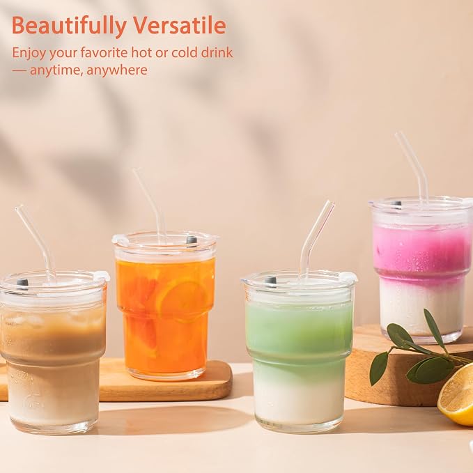 13oz Glass Tumbler with Lid and Glass Straw Set of 4 – Thick-Walled Iced Coffee - Image 4
