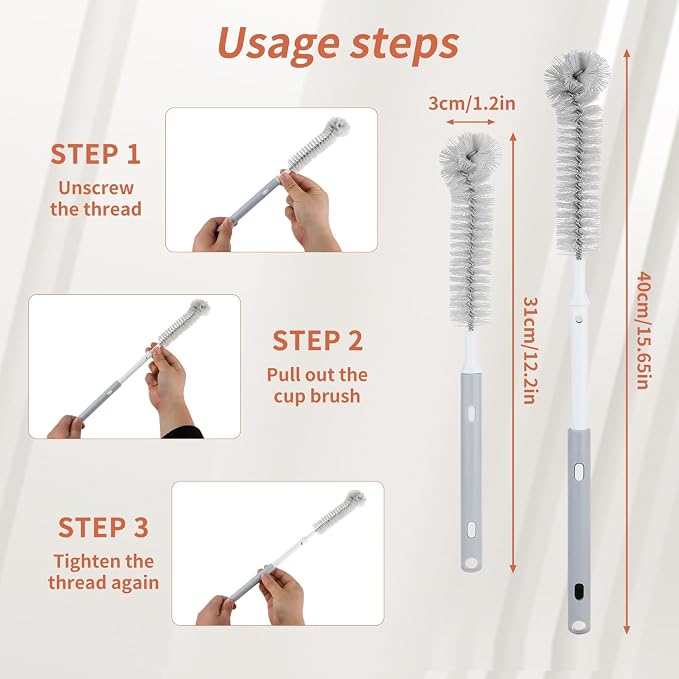 Bottle Brush Set – Adjustable Long Handle Narrow Bottle Cleaner, Fixed Handle - Image 2