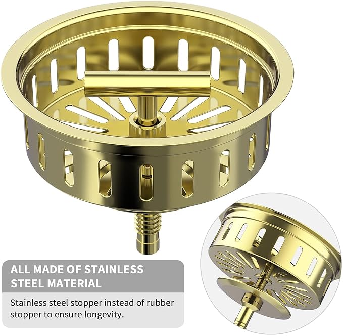 KONE 3-1/2 Inch Kitchen Sink Drain Assembly Stainless Steel Gold Kit - Image 2
