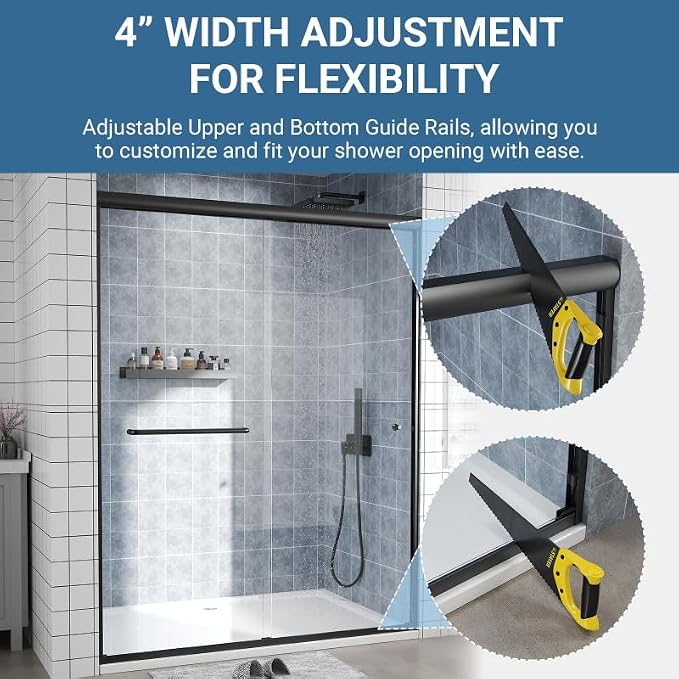 Glass Sliding Shower Door 56-60" W x 72" H, Semi Frameless Double Sliding - Image 4