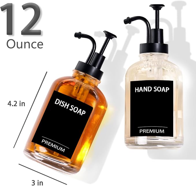 12oz Dish Soap Dispenser for Kitchen, Hand Glass Soap Dispenser Set - Image 3