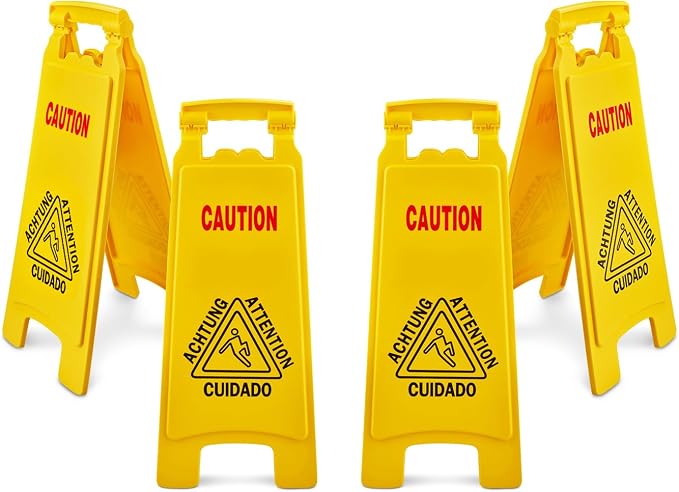Wet Floor Sign, Slippery When Wet A-Frame Caution Sign, Bright Yellow 4 PACK by PlasticPrince