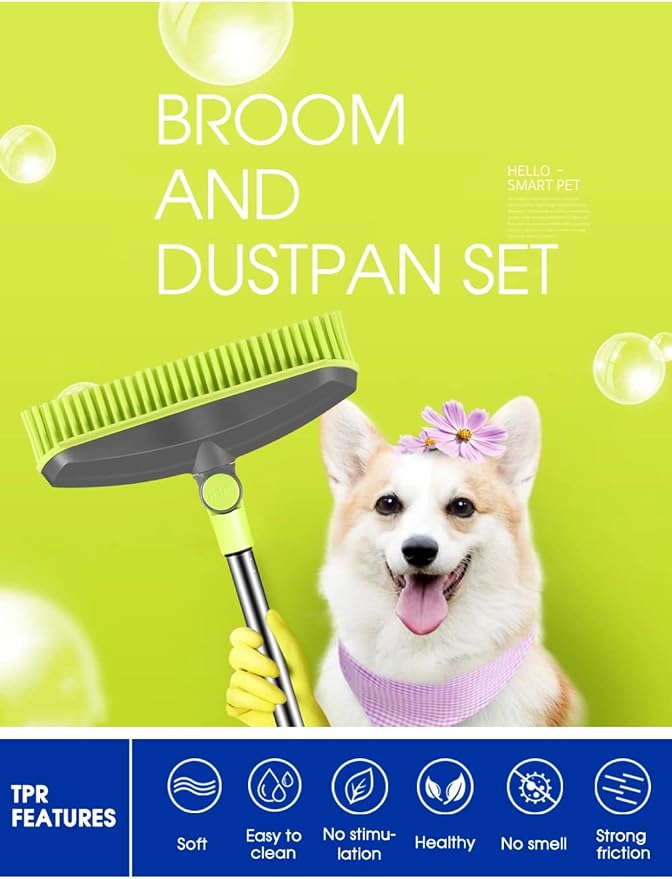 Adjustable Rubber Push Broom and Dustpan Set, Self Cleaning Indoor Outdoor - Image 7