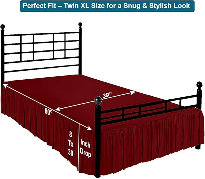 Shreem Linen Ruffled Bed Skirt with Split Corners, Gathered Style, 100% Microfiber, 21-Inch Drop, Dust Ruffle Bedskirt with Platform, Twin-XL, Burgundy