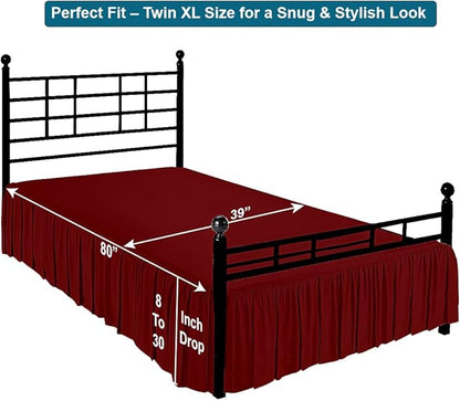 Shreem Linen Ruffled Bed Skirt with Split Corners, Gathered Style, 100% Microfiber, 18-Inch Drop, Dust Ruffle Bedskirt with Platform, Twin-XL, Burgundy