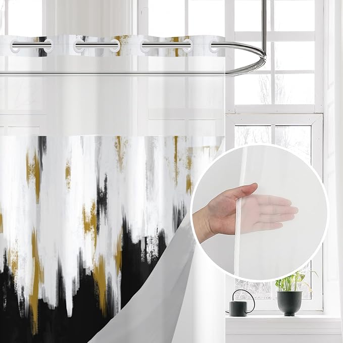 No Hook Shower Curtain with Snap in Liner, Hotel Style Black White Gold Brush - Image 3
