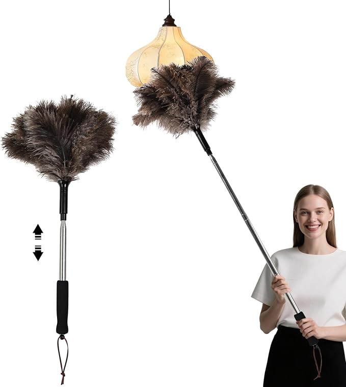 Telescopic Ostrich Feather Duster, 59-inch Naturally Fluffy Long-Handled by Daieeparty