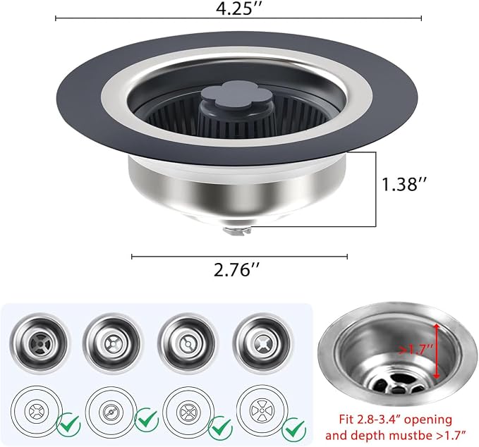 3 in 1 Kitchen Sink Drain Strainer and Stopper Combo, Stainless Steel Pop Up - Image 3