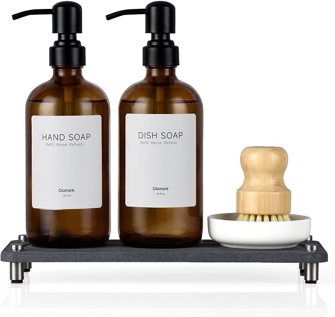 2 Pack Kitchen Soap Dispenser Set - 16oz Amber Glass Dish and Hand Soap by BoundlessHomeInfiniteLiving