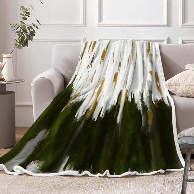 Abstract Ombre Throw Blankets, Modren Chic Art Oil Painting Cozy Warm Bed Couch Blanket, Sage Green Gold White Fleece Flannel Throws to Decorate The Room and Bedroom