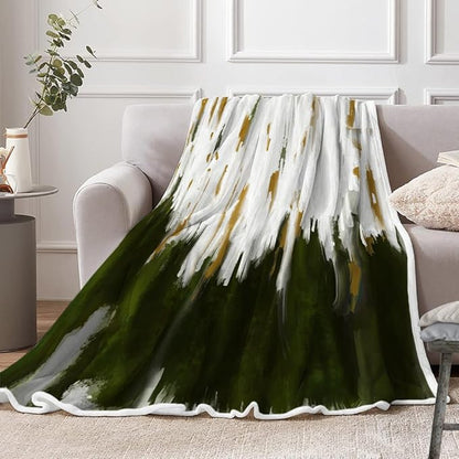 Abstract Ombre Throw Blankets, Modren Chic Art Oil Painting Cozy Warm Bed Couch Blanket, Sage Green Gold White Fleece Flannel Throws to Decorate The Room and Bedroom