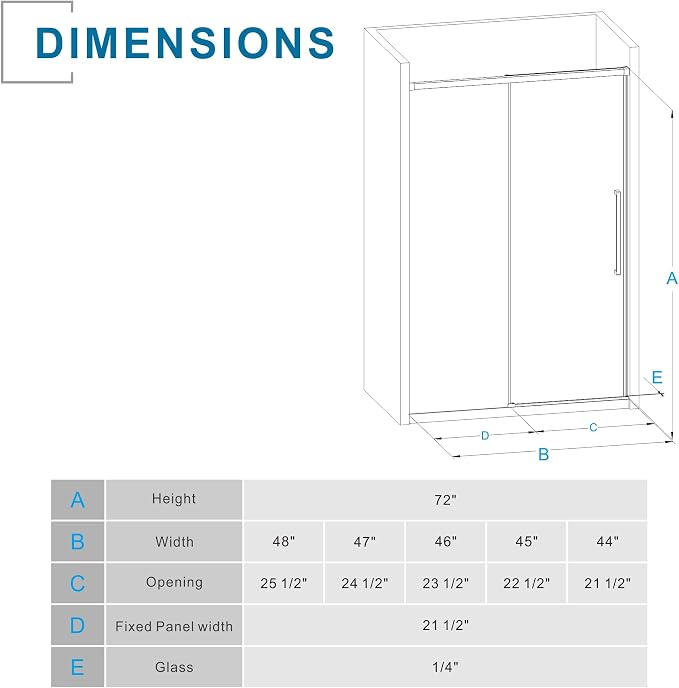 Semi-Frameless Shower Door 48" W x 72" H, 1/4" Clear Tempered Glass, Sliding - Image 7