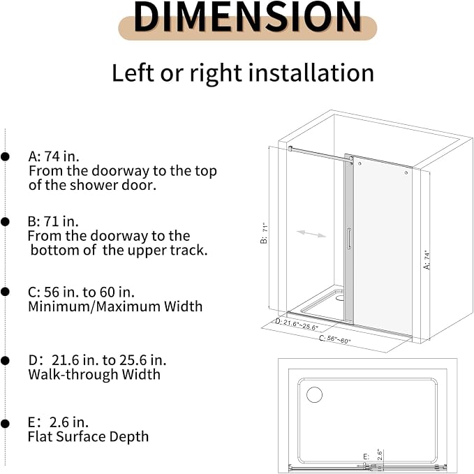 56-60" W x 74" H Frameless Sliding Shower Door, 5/16" Clear Tempered Glass - Image 3