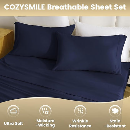 California King Sheet Set Deep Pocket - 4 Piece Silky Soft Breathable Bed Sheet & Pillowcase Set, Hotel Luxury Wrinkle Free Cooling Bedding Sheets Cal King Size, Dark Blue