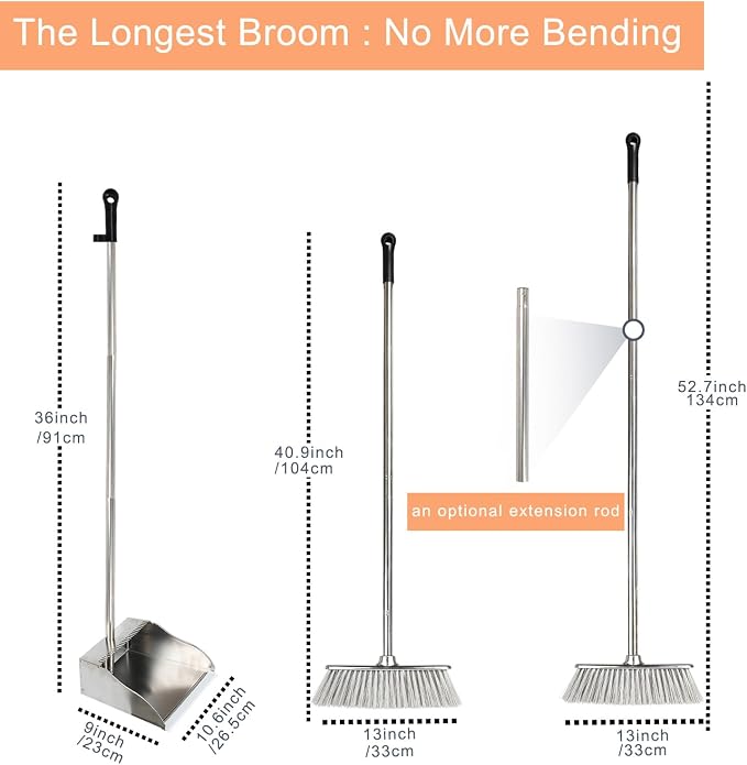 Metal Dustpan with Soft Bristles Broom Heavy Duty Stainless Steel Upright - Image 2