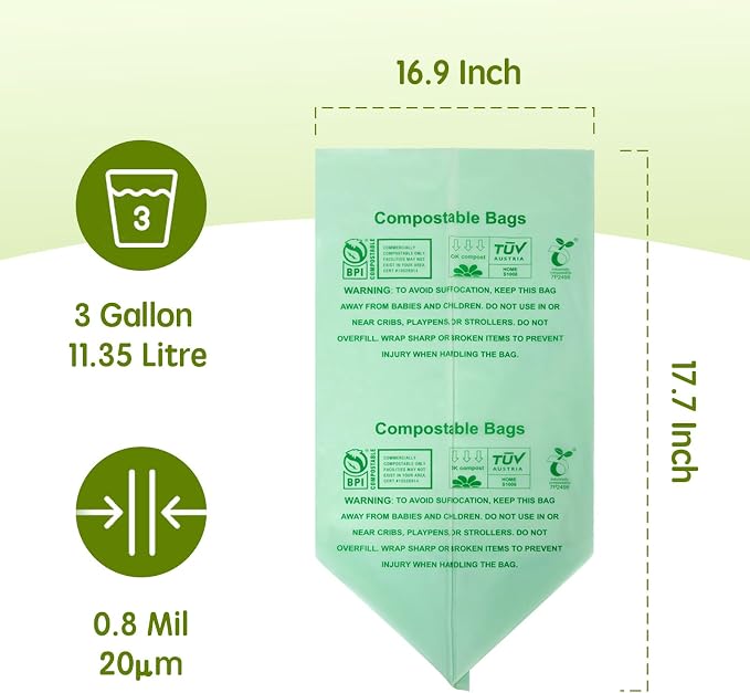 Compostable Trash Bags 3 Gallon, Extra Thick 0.8 Mils, ASTM D6400, OK Compost - Image 6