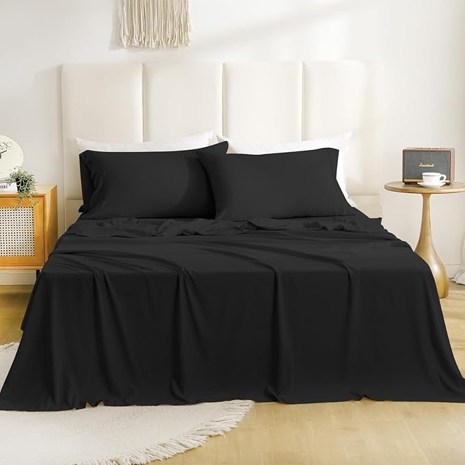 Twin XL Sheet Set - 3 Piece Silky Soft Breathable Bed Sheet & Pillowcase Set, 16" Deep Pocket Hotel Luxury Wrinkle Free Easy Care Bedding Sheets, Black